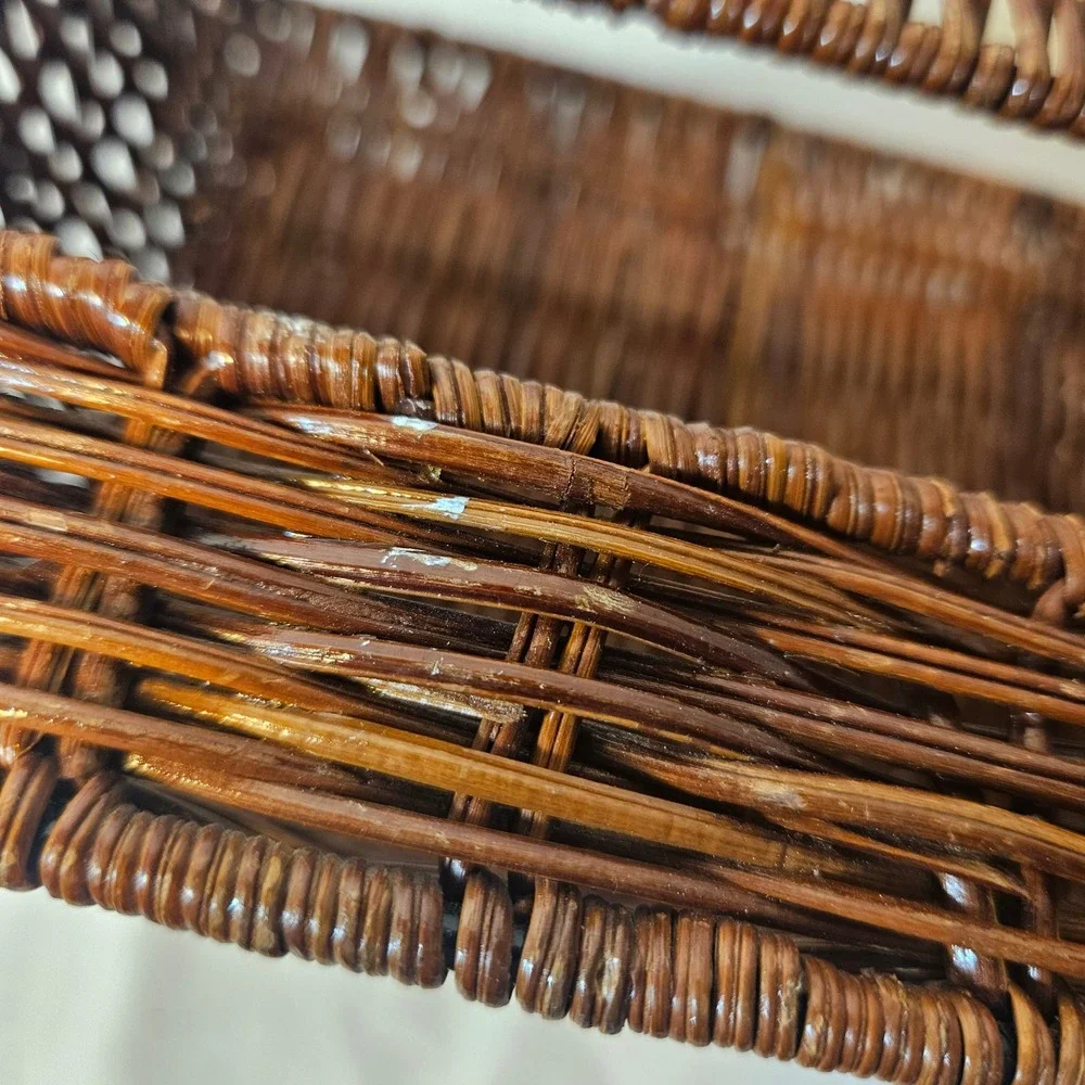 Vintage Brown Wicker Desk Organizer 2-Compartment Woven Mail Sort Basket Rustic